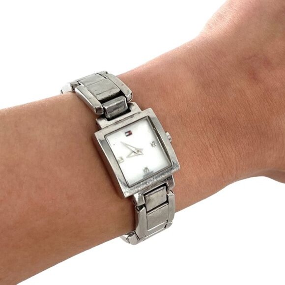 90’s Y2K Tommy Hilfiger Diamond & Stainless Steel Chain Rectangle Watch - Picture 1 of 9